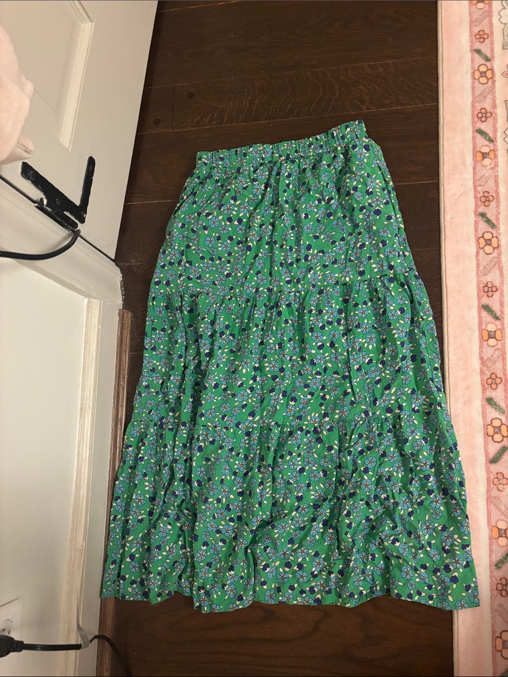Zella Green Floral Tiered Maxi Skirt with Blue Accents